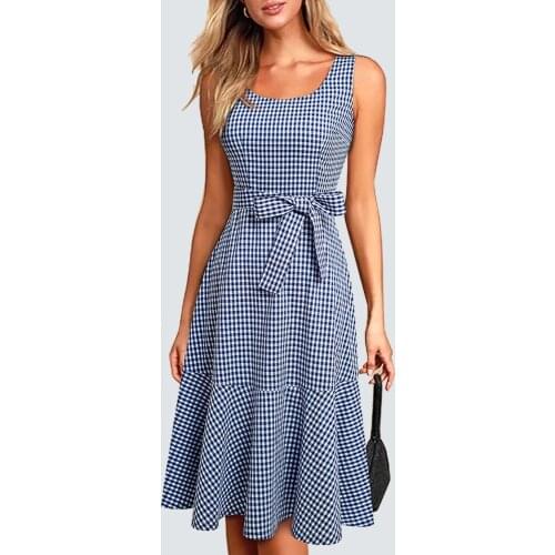 New Summer Bow Grid Casual Party A-Line Retro Women Swing Fashion Dress HA192