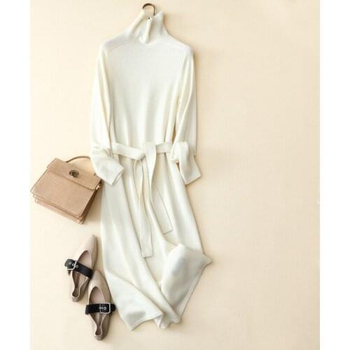 Winternew warm knitted dress women fashion casual high quality cashmere wool turtleneck dress with belt