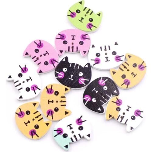 Wholesale 2 Hole Buttons 100Pcs Handmade Cat Shape Wooden Buttons DIY Craft Clothes Sewing Accessory