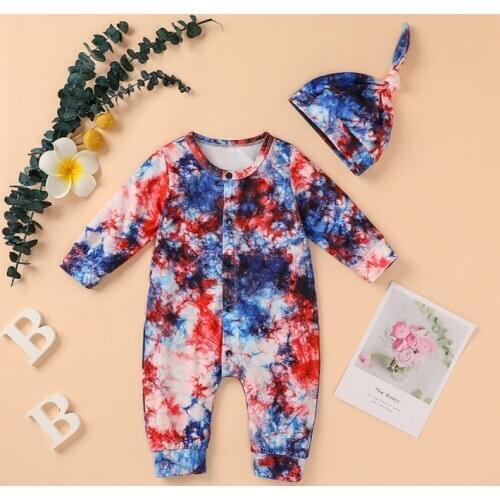 2021 New Fashion Tie dye Newborn Baby Boy Girl Long Sleeve Rompers +Hat Outfits 2Pcs