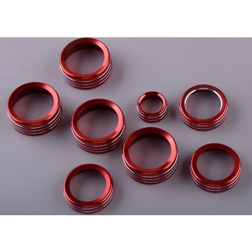 8pcs Car AC Radio Switch Release Mirror 4WD Control Knob Ring Trim Cover Red Aluminum Alloy Fit for Ford F150 2013 2014
