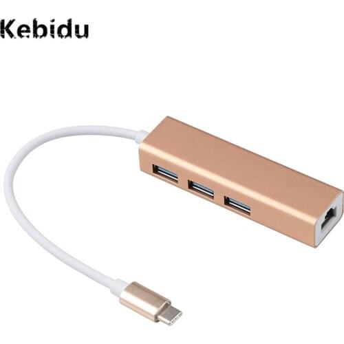 Kebidu Type-C USB C USB 3.0 to 3 USB Port Ethernet Gigabit Ethernet Rj45 Lan Male to Female Adapter Converter for MacBook Pro PC