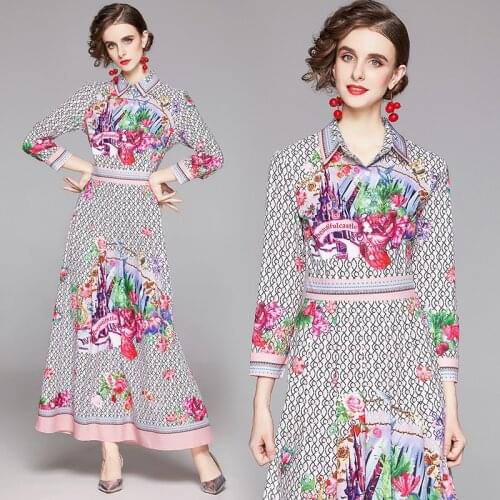 England American Style Elegant Fashion A Line Dress Women Vintage Letter Floral Print Casual Party Maxi Dress Dropshipping Fall
