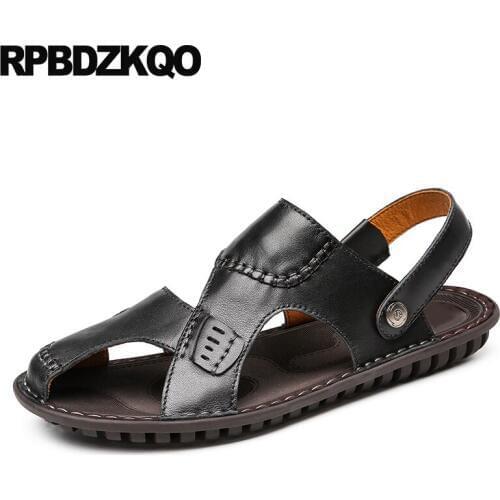Brown 2019 designer outdoor casual soft black men sandals leather summer shoes famous brand flat runway beach closed toe genuine