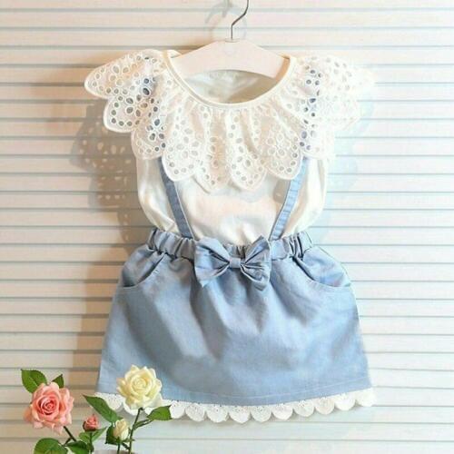 2PCS Toddler Baby Summer Outfits Kids Girls Clothes T-shirt Tops Denim Dress