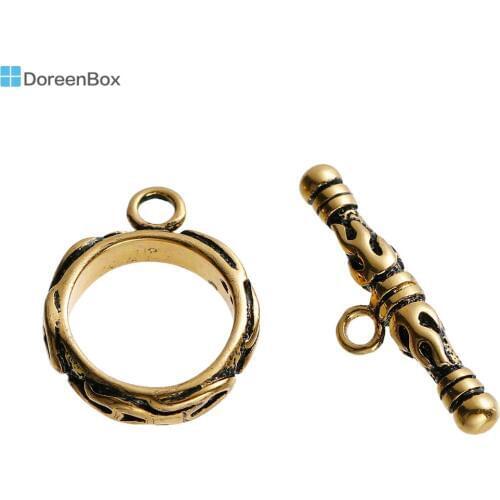 Doreen Box Copper Toggle Clasps Round golden tone Antique gold color Flame Fire Carved 17x14mm( 5/8" x 4/8") 22mm x7mm, 2 Sets