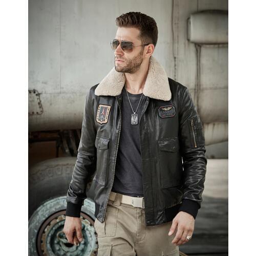 Mens Winter Real Genuine Leather Embroidery Patch Jackets Motorcycle Flight Pilot Bomber Jackets For Men Male Aviator Coats