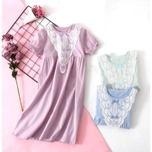 Nightgown Baby Girl Blue Dress Summer Short Sleeve Kids Sleeping Dress 1-15 Years Princess Children Nightdress Children Pajama