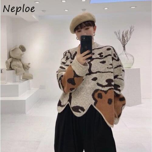 Neploe 2021 Autumn Winter New Irregular Bear Cartoon Knit Female Sweater Loose O-neck Pullovers Female Casual Style Knitted Tops