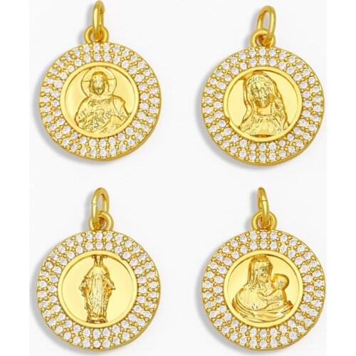 OCESRIO CZ Stone Virgin Maria Pendant Charms for Jewelry Making Supplies Gold Small Coin Virgin Mary Necklace Charms pdta218