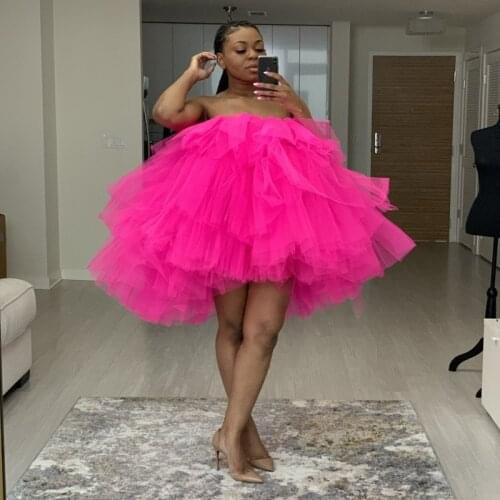 Hot Pink Fuchsia Lush Puffy Dress Tulle Robes For Photo Shoot Dress Strapless Tiered Tulle Vestidos Black Girls Vestidos 2021