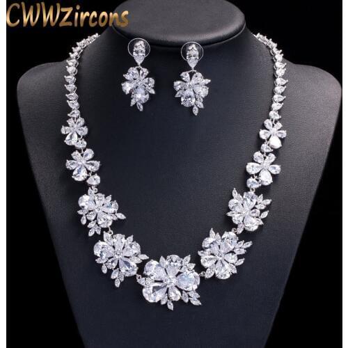 CWWZircons Luxury Bridal Jewelry Sets Sparkling Cubic Zirconia Crystal Wedding Necklace Earrings Accessories for Brides T116