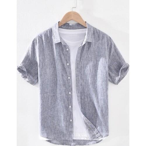 Pure Linen Short Sleeve Shirt for Men Summer New Japanese Fashion Tops Male Solid Gray Vintage Slim Fit Hemp Shirt