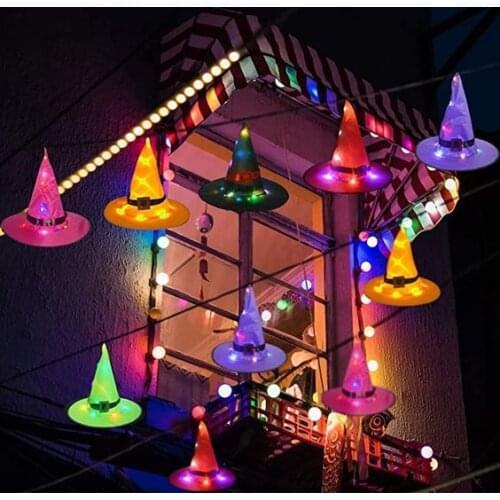 Glowing Halloween Witch Hat with LED Light Hanging Wizard Hat String Lights Halloween Decoration Props Party Outdoor Tree Decor