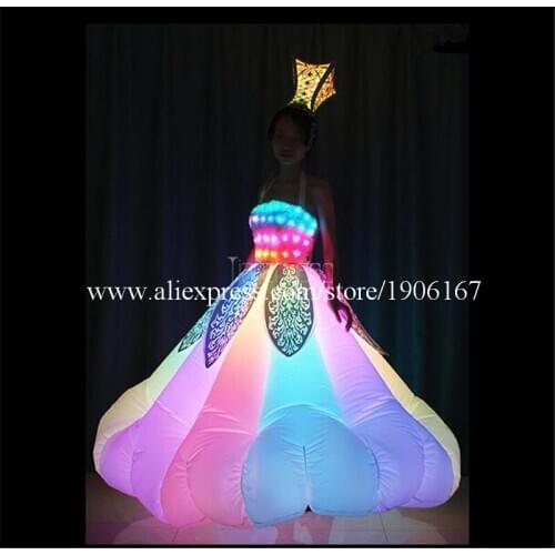 RGB Led Luminous Party Evening Inflatable Dress Full Color Light Up Stage Clothes Illuminated Catwalk Show Singer Wedding Dress