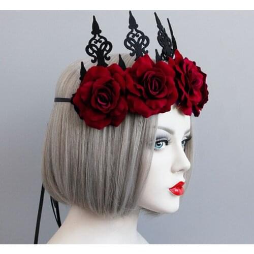 Lady Queen Head Wreath Vintage Gothic Black Crown Red Roses Tiara Headband Halloween Party Masquerade Cosplay C1FE