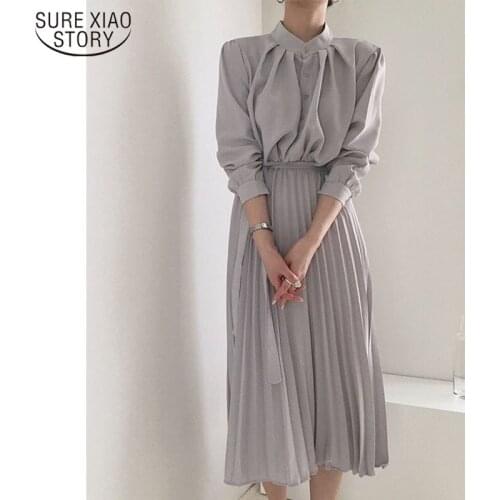 French Style Temperament Long Sleeve Womens Dress with Belt 2021 Early Spring Single Breasted Pleated Dress Vestidos 12757
