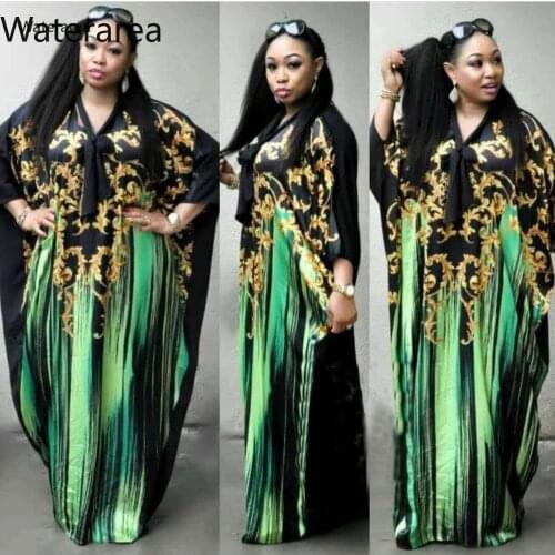 New Womens V-neck Printing Bat Sleeve Loose Floor Length Dress Casual Fashion Dresses 2118