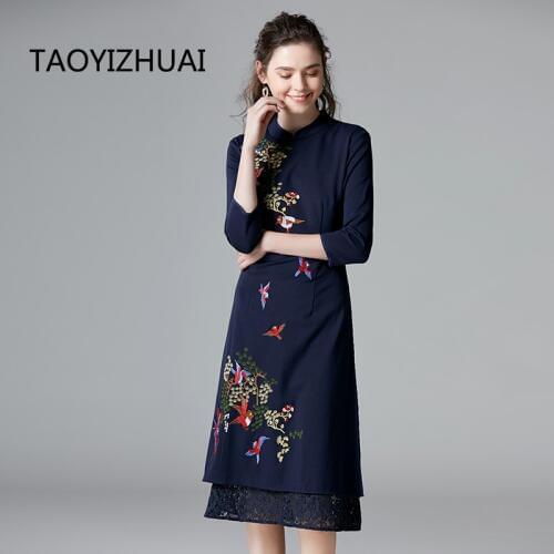 TAOYIZHUAI autumn new arrival vintage style cheongsam lady dress a line animal print Size s-5XL Knee length party dress 14300