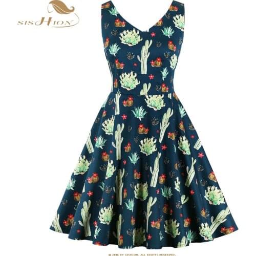 SISHION Cotton Cactus Floral Print Retro 50s 60s Vintage Dress VD1490 Double V Neck Sexy A Line Women Summer Dress 2021