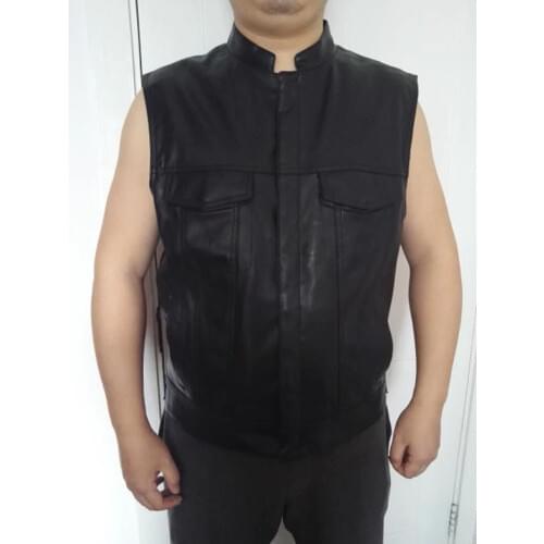 BONJEAN Mens Leather Biker Vests Motorcycle Club Vest Sheepskin Leather Sleeveless Jackets Men Punk Waistcoat