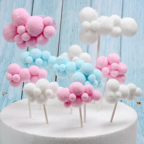 1Pcs Hot Sale Pink Blue Soft Pompom Cloud Cake Topper Baby Shower Birthday DIY Cake Top Flags Decoration Festival Party Supplies