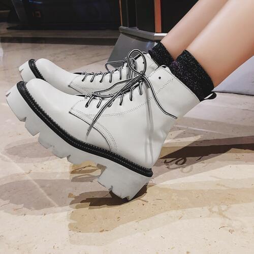 2019 Fashion Martin Boots Natural Leather Women Boots Thick High Heels Platform Ankle Boots Autumn Winter Zipper Ladies Shoes