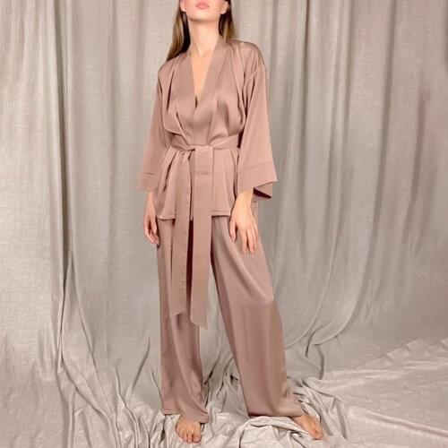 2021 Women Pajamas With Sashes V Neck Solid Wrist Sleep Tops Satin Pants Loose Pajamas Casual Sleepwear Female Home Suits