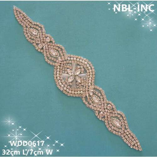 30PCS) Wholesale handmade beaded sewing bridal silver clear rhinestone sash applique for wedding dresses WDD0617