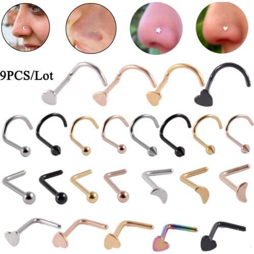 9PCS/Lot Surgical Steel Heart Bone Nose Stud Piercing Anodized Black Rose Gold Color Nose Ring Earring Body Piercing Jewelry 20G
