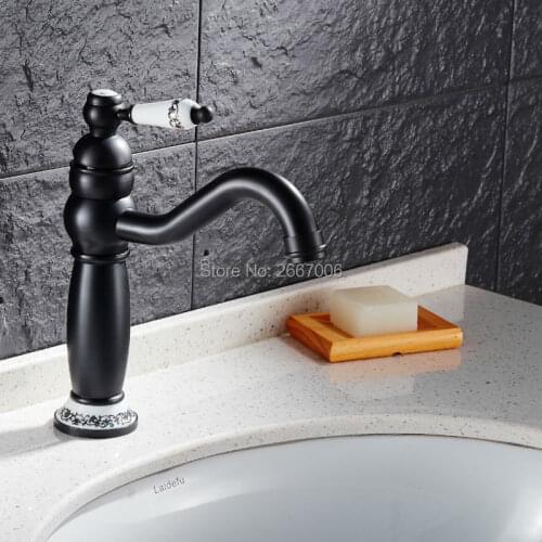 Gizero Black Faucet Ceramic Handle Porcelain Base Bathroom Sink Mixer Swivel Spout Hot and Cold Water Torneira GI626