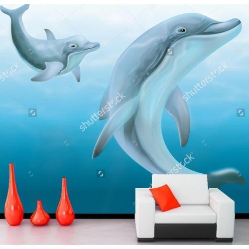 Dolphin wallpaper,dolphins swimming in the ocean,3D children wallpaper for childrens room bedroom wall silk wallpaper