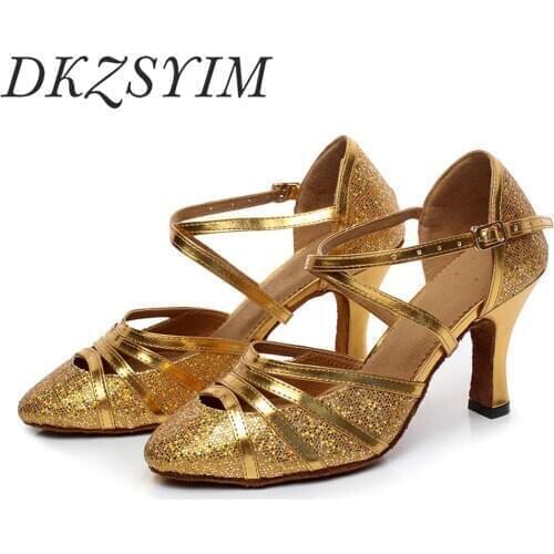 DKZSYIM Gold Glitter Latin dance shoes Shining Salsa dance shoes for women Ballroom morden dance shoe Factory Direct Sale 2020