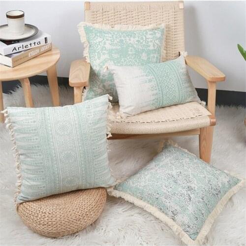 Tassels Green Cushion Cover 45x45cm/30x50cm Vintage Printed Cotton Linen Pillow Cover Home Decoration Sofa Living Room Farmhouse
