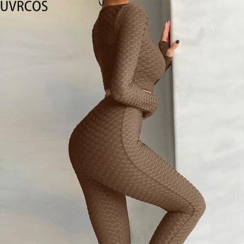 UVRCOS Two Piece Set Solid Color Slim Womens Tracksuit Summer 2021 Elastic Leggings Fitness Sportwear O-Neck Casual Sweatsuit