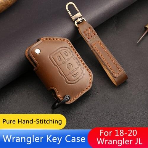 QHCP Leather Smart Remote Car Key Case Cover Car Holder Protection Key Shell Bag Shell Keychain For Jeep Wrangler JL 2018-2020