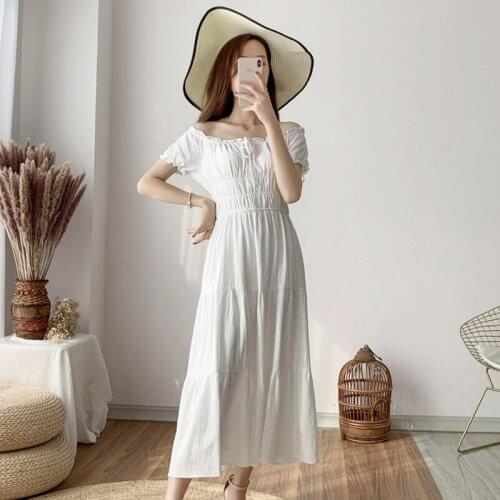 Summer Dress For Women 2021 Ruffles Sexy Off The Shoulder Long Dresses Elegant Fashion Solid Color Cottton Female Vestido C2611