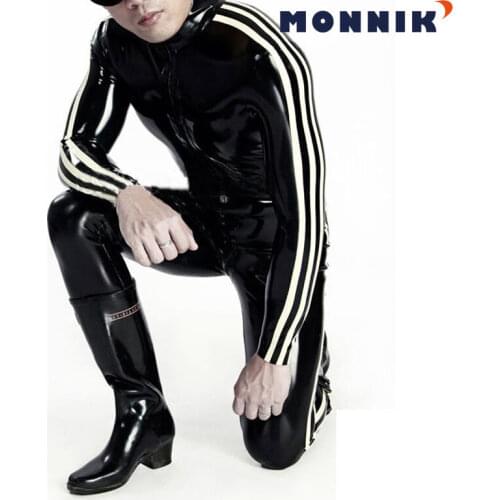 MONNIK latexSexy Black Latex Man Bodysuits With White Strips Rubber Catsuit Unique Club Wear