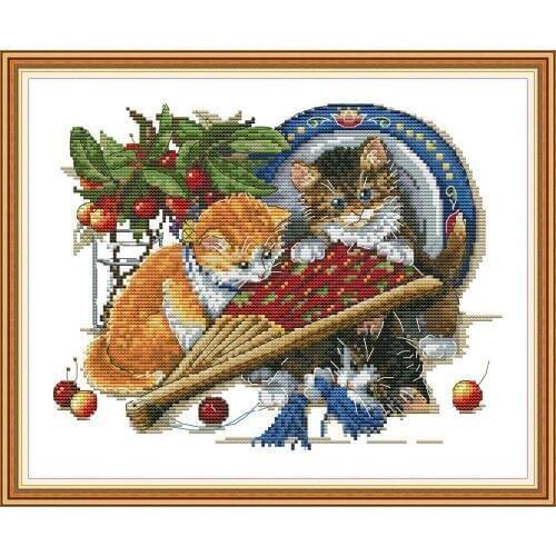 NKF Cat and Fan Cross Stitch Kits 11CT 14CT Chinese Embroidery Needlework Set Cross Stitch Pattern for Home Decor