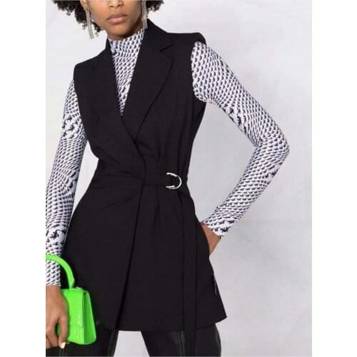 2021 early autumn new womens European and American style lapel sleeveless waist buckle solid color vest jacket womens