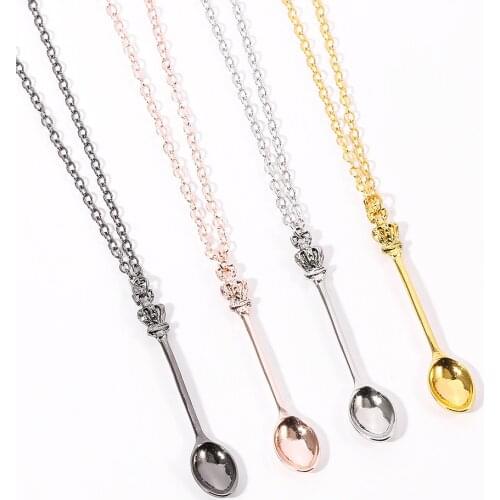 New Gold rose gold black Silver Color Tone Snuff Mini Tea Crown Necklace Vintage Spoon Pendants Necklace Mini Long Link Jewelry