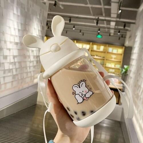 Kawaii Plastic Bubble Tea Cups With Lid And Straw Strap Female Student Creative Cute Large-Capacity Portable Water Bottle