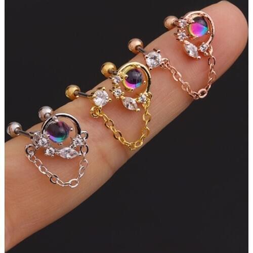 1 PCS Cute Sweet Small Double Round Zircon Earring with Chain Trendy Round Ball Ears Cartilage Piercing Stud Cuff Jewelry