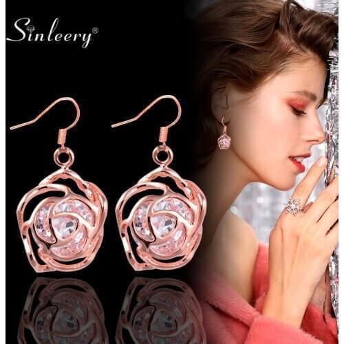 SINLEERY Charm Cubic Zirconia Inside Hollow Flower Drop Earrings Hanging Women Birdal Wedding Party Gifts Es142 SSB