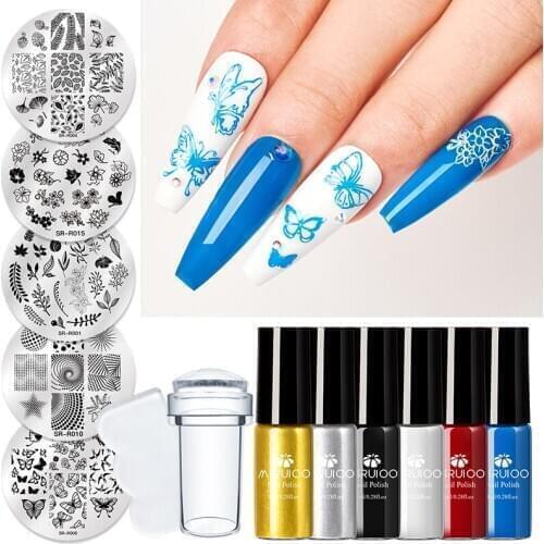 Nail Stamping Polish Set Flower Stripe Design Stamp Plates Kit Black White Gold Silver Printing Varnish Snake Pattern Stencil