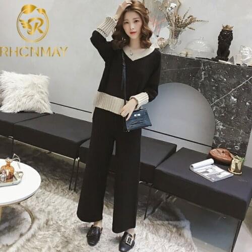 Korea style Autumn and winter New Splicing Color V-neck Loose Knitted Top and High Waist Wide Leg Pants Fashion two piece set