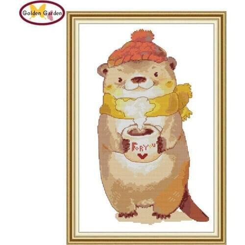 GG Bear with Teacup Counted 14ct Cross Stitch Animal Embroidery Needlework Sets 11ct Chinese Counted Cross Stitch for Home Decor