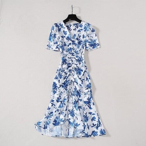 Womens European and American clothing 2021 summer new style Five-minute V neck Blue print Fashionable fishtail dress
