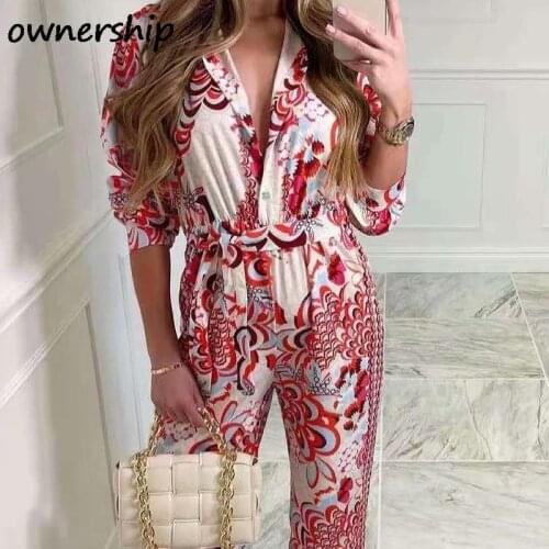 Women Jumpsuit Bohe Style Waist Tie Up Romper Ladies 2021 Summer New Long Sleeve V Neck Floral Print Red Button Casual Overalls