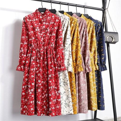 Autumn Winter Women Corduroy Dresses Casual Long Sleeve High Elastic Waist Flower Print Party Harajuku Mori Party Dress